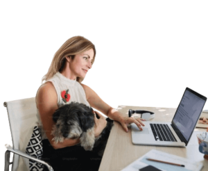 managing-virtually Woman with dog in a virtual meeting